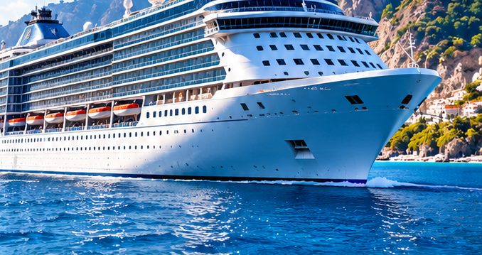 Un crucero entrando en una cala de aguas claras