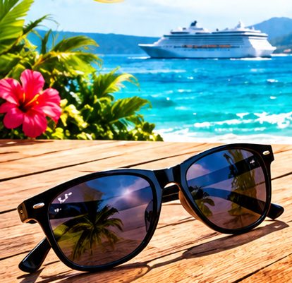 Unas gafas de sol sobre una mesa de madera, con el barco al fondo